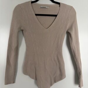 Abercrombie & Fitch Ribbed V-Neck Bodysuit in Beige